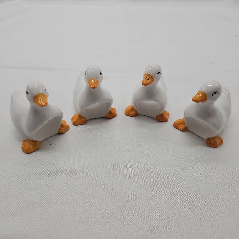 Lot of 4 Vintage Ceramic White Duck Goose Swan Napkin Ring Holders Easter Spring